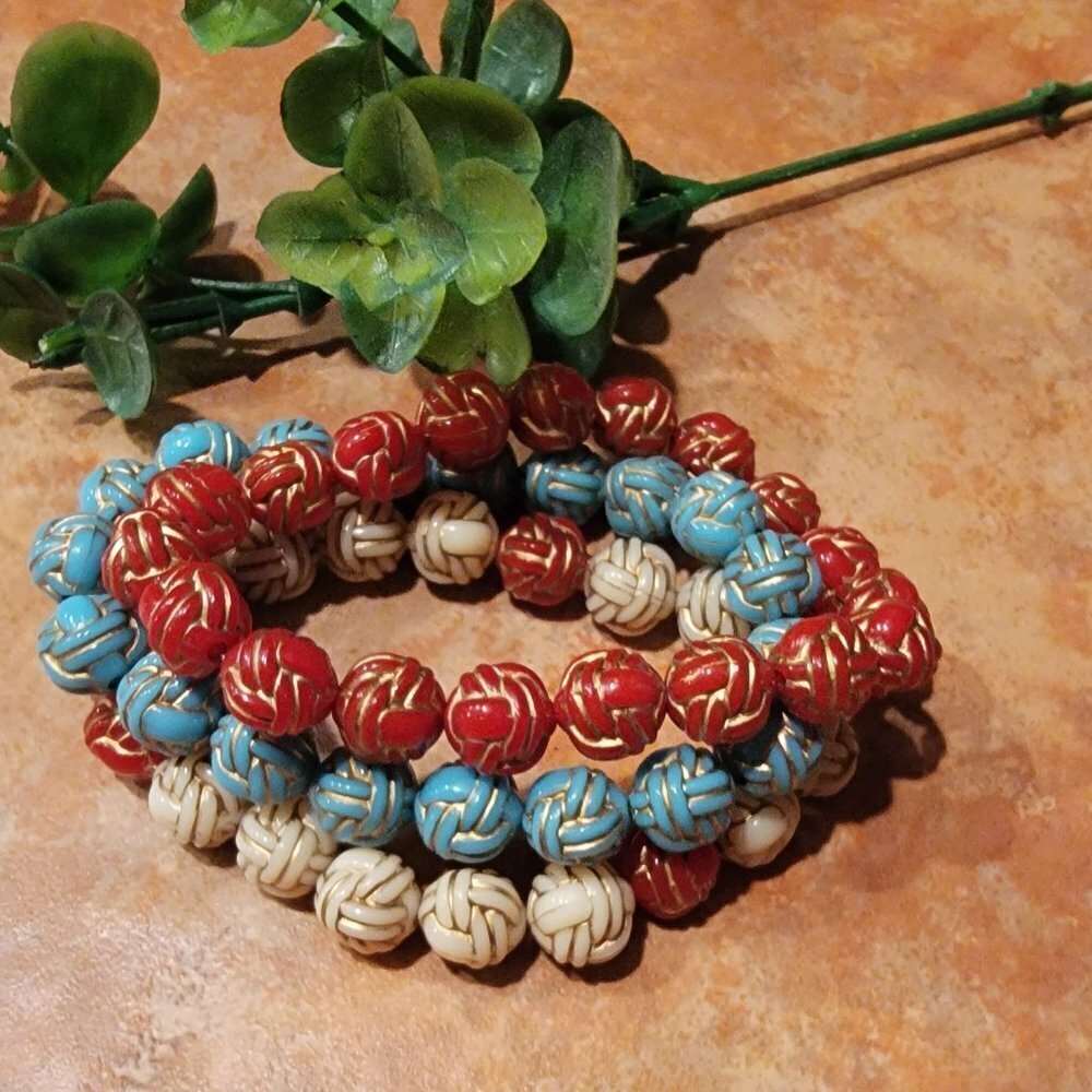 Cute Red, White and Blue Acrylic Beaded Bracelet Set of 3 Handmade